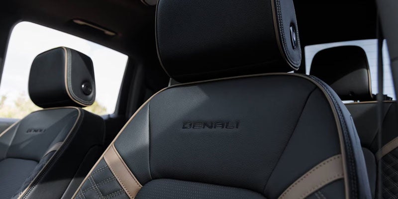Close-up of premium black leather front seat in the 2026 GMC Canyon.